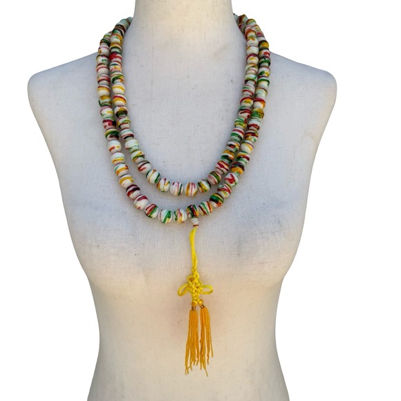 Jewelry - Hand Painted Striped Glass Bead Necklace Yellow Tassel Chinese Knot Multicolor